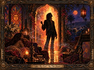 A silhouetted rock figure stands before a blazing arched doorway in a smoky, psychedelic lounge, watched by a reclining woman amid candles, stained glass, flowers, instruments, and ornate furnishings. Fiery oranges and golds contrast with deep blues and purples, while painterly textures, reflective surfaces, and an elaborate bronze frame create a hypnotic 1960s atmosphere.