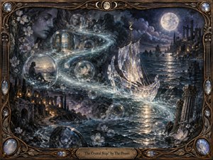 A luminous crystal ship glides through a moonlit, dreamlike sea, following a sweeping S-curve of glowing water and floating memory-filled spheres. Indigo, violet, silver, and amber tones create a haunting psychedelic mood. Ruined architecture, flowers, ghostly faces, reflective glass textures, and an ornate Art Nouveau frame deepen the surreal atmosphere.