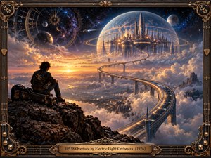 A lone traveler overlooks a luminous futuristic city suspended among clouds and planets, reached by a sweeping elevated roadway. Golden sunset light contrasts with deep blue space, creating wonder, isolation, and anticipation. Ornate bronze musical framing, cosmic clockwork, rugged cliffs, and intricate architecture give the scene cinematic retro-futuristic grandeur.