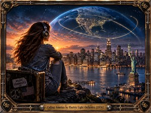 A lone listener overlooks a glowing American skyline beneath a vast illuminated Earth, while golden orbital trails suggest distant communication and longing. Warm sunset light contrasts with deep blue space, reflecting across the harbor. Intricate brass musical framing, headphones, city lights, and retro-futuristic details create a cinematic, nostalgic atmosphere.