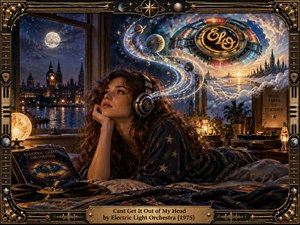 A dreamy woman wearing headphones gazes upward from a warmly lit bedroom as a luminous cosmic vision sweeps across the night sky. Deep blues, golds, and amber light create a nostalgic, contemplative mood. Ornate musical framing, vinyl records, distant architecture, planets, and glowing celestial trails enrich the cinematic composition.