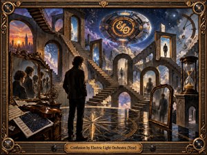 A solitary figure stands within a surreal celestial maze of stone stairways, arches, mirrors, and glowing portals. Warm gold contrasts with deep cosmic blues beneath dramatic starlight. Clocks, an hourglass, violin, reflections, and floating machinery create an atmosphere of uncertainty, introspection, and dreamlike confusion in richly detailed cinematic art.