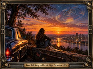 A lone woman sits beside a vintage car above a glowing river city at sunset, surrounded by deep blues, fiery orange clouds, and reflective lights. A celestial spacecraft-like form hovers overhead, adding dreamlike mystery. Detailed oil-paint styling, musical motifs, and an ornate metallic frame create wistful, cinematic nostalgia.