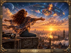 A woman sits high above a glowing city at sunset, arms spread beneath a futuristic spacecraft and star-filled sky. Warm gold light contrasts with deep cosmic blues, creating an uplifting yet defiant mood. Intricate retro-futuristic details, flowing fabric, distant architecture, vinyl records, and an ornate metallic frame evoke dramatic 1970s rock artwork.