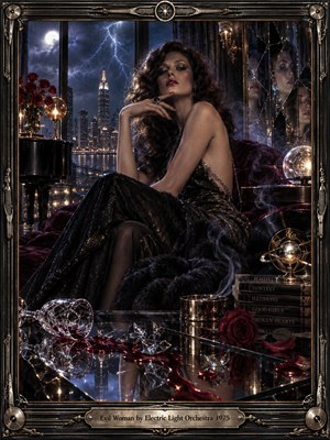 A glamorous woman lounges in a dark 1970s penthouse as lightning flashes beyond the city skyline. Cracked mirrors, broken crystal, red roses, spilled wine, vinyl records, and drifting smoke deepen the mood of seduction and betrayal. Midnight blues, black, crimson, and metallic highlights create a cinematic digital glam-noir atmosphere.