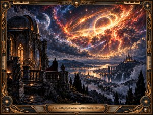 A lone cloaked figure overlooks a glowing valley from a gothic observatory as a colossal fiery celestial vortex ignites the night sky. Deep indigo, copper, gold, and crimson light illuminate misty mountains, rivers, and distant towers. The ornate bronze musical frame reinforces the dramatic 1970s progressive rock atmosphere.