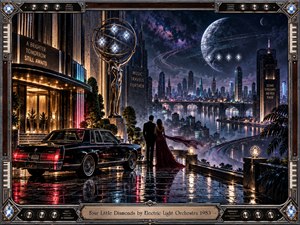 A glamorous couple overlooks a rain-slick futuristic city beside a black luxury coupe, surrounded by glowing towers, bridges, and a vast moonlit sky. Deep blues, violets, chrome, and burgundy create a romantic noir mood, while diamond-like lights, neon reflections, sculptural details, and an ornate retro-futurist frame evoke polished 1980s cinematic fantasy.