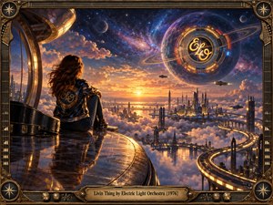A lone figure overlooks a radiant futuristic city floating above clouds beneath a vast cosmic sky. Golden sunset light contrasts with deep blues, violet nebulae, and a monumental ringed sphere. Sweeping illuminated roadways create graceful movement, while ornate bronze musical framing gives the cinematic digital artwork a nostalgic, dreamlike grandeur.