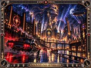 A rain-slicked retro-futurist city glows beneath storm clouds as a black muscle car races toward towering speakers, bridges, and a giant guitar-shaped structure. Above, a luminous cosmic woman dominates the skyline. Deep blues, purples, reds, and amber lights create a bold glam-rock atmosphere within an ornate metallic frame.