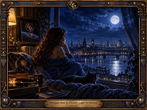 A solitary woman gazes across a moonlit riverside city from a warmly lit room, accompanied by a black cat, records, and celestial objects. Deep midnight blues contrast with golden lamplight and shimmering reflections. The richly detailed cinematic artwork evokes romantic longing, quiet introspection, nostalgia, and nocturnal wonder.