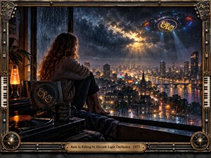 A solitary woman watches a rain-soaked city from a high window, surrounded by warm lamplight, records, and a turntable. Deep blues and glowing amber lights create a wistful, cinematic mood. Storm clouds part around a radiant moon as a futuristic craft hovers above the reflective skyline.