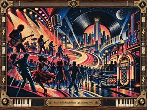 A vibrant retro rock spectacle fills a neon city night, with dancers, musicians, a glowing jukebox, and a vintage car beneath a monumental vinyl record skyline. Red, gold, blue, and black dominate the energetic composition, while sweeping light trails and graphic textures create movement, nostalgia, celebration, and electric theatrical excitement.