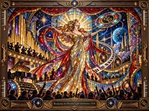A radiant stained-glass rock opera unfolds inside a cosmic Art Deco theater, centered on a graceful woman with outstretched arms beneath a golden halo. Jewel-toned blues, reds, purples, and amber glow around orchestral silhouettes, sweeping piano keys, celestial forms, cheering crowds, and an ornate bronze musical frame.