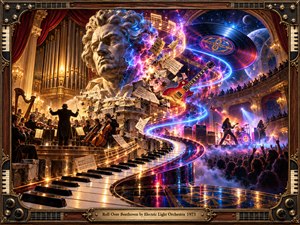 A monumental Beethoven bust fractures into neon energy inside a grand concert hall where orchestra and rock stage collide. Sweeping piano keys, a floating guitar, vinyl imagery, and glowing music trails create exuberant motion. Warm gold meets electric blue, magenta, and violet in a richly detailed surreal 1970s digital painting.