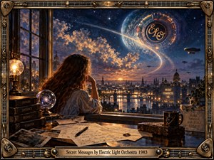 A solitary woman gazes across a glowing futuristic city beneath a star-filled sky, surrounded by handwritten messages, symbolic books, and celestial objects. Warm amber lights contrast with deep cosmic blues, while airships and a mysterious illuminated emblem suggest hidden communication, distance, longing, and retro-futuristic wonder.