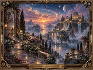 A romantic fantasy landscape unfolds at sunset, with glowing palaces, waterfalls, gardens, bridges, and reflective water beneath a starry violet sky. A distant couple stands along a winding terrace path, surrounded by flowers and golden lamps. Rich blues, rose, amber, and gold enhance the dreamy oil-painted atmosphere.