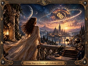 A dreamlike woman in a flowing white gown overlooks a luminous futuristic city beneath stars and immense moons. Golden sunset light meets deep blue space as a radiant celestial structure circles overhead. Ornate architecture, flowers, books, and an armillary sphere enrich the romantic, surreal, painterly atmosphere.