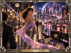 A glamorous woman in a shimmering silver gown glances back across a rain-slick neon city, her flowing lavender wrap tracing the scenes sweeping motion. Electric blues, magentas, gold reflections, futuristic towers, glowing roadways, and ornate musical framing create a romantic, elusive, retro-futurist atmosphere with polished cinematic detail.