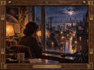 A solitary woman sits beside a rain-streaked window overlooking a glowing nighttime city, surrounded by warm lamplight, records, plants, and handwritten notes. Cool blues and violets contrast with amber reflections on wet streets and telephone wires. Rich oil-painting textures, nostalgic 1970s details, and an ornate musical frame create a wistful, cinematic mood.