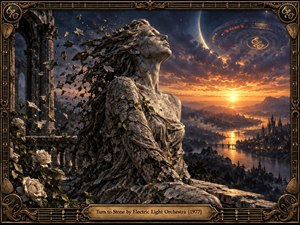 A weathered stone woman rises among ruined columns and pale roses, her fractured hair scattering into a turbulent twilight sky. Golden sunset light illuminates a winding river, distant city, mountains, and hovering spacecraft. Ornate bronze musical framing enhances the dramatic, surreal atmosphere with romantic science-fiction grandeur.