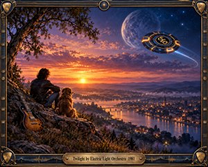 A lone traveler and golden dog overlook a glowing river city at twilight, framed by rugged rocks and a guitar. Fiery orange clouds fade into deep blue stars beneath a massive moon and futuristic craft. Cinematic lighting, rich atmospheric detail, and an ornate musical frame create a nostalgic, dreamlike science-fiction mood.