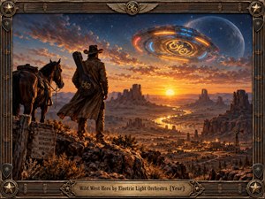 A lone cowboy and horse overlook a vast desert canyon glowing beneath a fiery sunset, while a futuristic spacecraft hovers dramatically overhead. Warm amber light contrasts with deep blue skies, rugged mesas, and a distant frontier town. Detailed painterly realism, Western ornamentation, and musical framing create an adventurous, nostalgic mood.