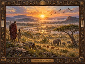 A richly detailed African sunrise unfolds across a vast golden savanna, where an elder and child overlook elephants, antelope, birds, winding water, and distant mountains. Warm amber light, misty valleys, textured brushwork, and a carved wooden frame create a reverent, timeless mood of continuity, wonder, and renewal.