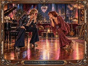 A glamorous 1970s music lounge glows with romantic energy as two stylish figures lean toward each other in playful affection. Deep burgundy, midnight blue, gold, and rose reflections shimmer across the parquet floor. Painterly textures, sparkling costumes, instruments, city lights, a crystal heart, and ornate musical framing enrich the scene.