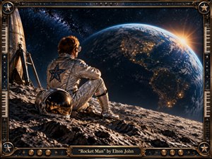 A solitary astronaut rests on the moon, gazing toward a luminous Earth suspended in a star-filled sky. Warm sunrise light contrasts with deep blues and metallic silver, creating a reflective, melancholy mood. Richly detailed textures, cinematic realism, piano-key borders, brass hardware, and celestial motifs give the framed artwork a handcrafted retro-futurist character.