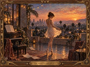 A graceful dancer stands on a candlelit terrace overlooking a glowing Los Angeles sunset, framed by palms, distant city lights, and warm mountains. Her flowing ivory dress catches the evening breeze beside an old piano and scattered sheet music. Rich amber, rose, and violet tones create a romantic, nostalgic oil-painted atmosphere.