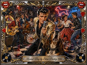 Kung Fu Hand Painting - A charismatic rockabilly singer leans into a chrome microphone beside an expressive hound dog, backed by musicians and dancing couples in a lively 1950s club. Saturated reds, blues, golds, neon light, and checkerboard flooring create playful energy, while painterly textures, jukebox details, vinyl records, and an ornate musical frame complete the nostalgic scene.