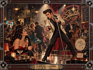 Kung Fu Hand Painting - A charismatic rock-and-roll singer commands a smoky 1950s nightclub, leaning toward an elegant woman as dancers swirl behind him. Warm amber spotlights, crimson drapery, turquoise jukebox glow, polished chrome, and reflective floors create seductive energy. Rich oil-paint textures, vintage signage, musicians, and an ornate musical frame complete the scene.
