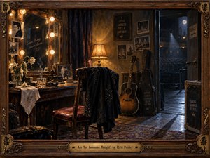 Kung Fu Hand Painting - A solitary backstage dressing room glows with warm amber lamplight, contrasting a moonlit, empty theater beyond an open door. A rhinestone-studded jacket hangs over a chair beside a worn guitar, faded photographs, wilted flowers, and a drink. Rich wood, bronze, deep blue shadows, and vintage realism create a haunting atmosphere of loneliness and memory.