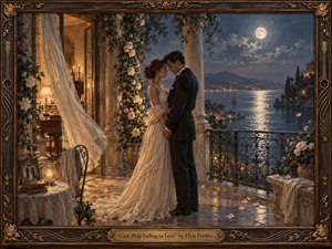 Kung Fu Hand Painting - A devoted couple embraces on a moonlit Mediterranean balcony overlooking shimmering water and distant lights. Warm candlelight spills from an elegant interior, contrasting with cool blue night tones. Roses, flowing curtains, reflective stone, and ornate ironwork create a tender, timeless atmosphere, framed in richly carved dark wood with gilded musical details.