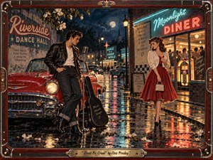 Kung Fu Hand Painting - A young rockabilly couple faces an uneasy romantic moment outside a glowing 1950s diner and dance hall. Rain-slick pavement reflects red, turquoise, and gold neon around a vintage Chevrolet, microphone, and guitar case. Rich oil-painted textures, moonlight, magnolia petals, chrome details, and an ornate musical frame create nostalgic tension and tenderness.