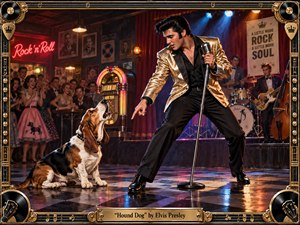 Kung Fu Hand Painting - A charismatic 1950s rock-and-roll singer commands a lively nightclub stage, playfully confronting a howling hound beside a vintage microphone. Warm gold, crimson, and electric blue lighting energize the cheering crowd, jukebox, and band. Rich cinematic detail, glossy reflections, retro styling, and an ornate musical frame create a theatrical, rebellious mood.