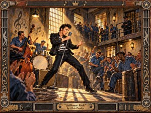 Kung Fu Hand Painting - A charismatic rock-and-roll singer commands a crowded prison hall, leaning into a vintage microphone as inmates cheer around him. Golden sunlight streams through barred windows, illuminating weathered stone, iron railings, instruments, and blue uniforms. Rich browns, amber highlights, and dramatic shadows create a lively, rebellious, hand-painted 1950s atmosphere.