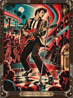 A dynamic 1950s rock and roll performer commands a lively stage with red guitar, chrome microphone, cheering crowd, jukebox, and sweeping neon forms. Bold red, turquoise, black, and gold create electric energy, while halftone textures and dramatic lighting give the scene a vintage poster style framed with polished musical details.