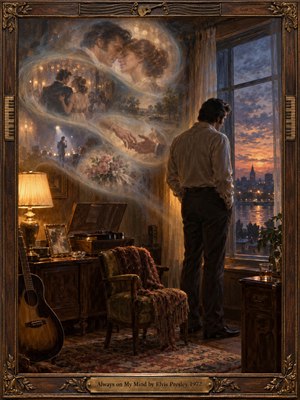 A solitary man stands beside a twilight window in a richly furnished room as glowing memories spiral above him. Warm amber lamplight contrasts with cool blue evening tones, creating a wistful, regretful mood. Detailed oil-paint styling, vintage furnishings, a guitar, record player, flowers, and framed memories deepen the sense of longing.