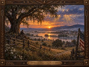 A sweeping oil-painted American landscape glows beneath a dramatic sunset, with an ancient oak, winding river, misty fields, distant church, weathered fences, and a lone reflective figure. Warm golds and amber light contrast with cool blue hills, while a worn flag, flying birds, and ornate carved frame deepen the solemn, nostalgic mood.