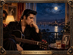 Elvis sits alone with a dark guitar beside an open balcony, gazing across a moonlit river and distant city. Warm amber lamplight contrasts with the deep blue night, creating a reflective, melancholy mood. Rich oil-painted detail, vintage furnishings, photographs, a rose, and ornate musical framing deepen the nostalgic atmosphere.