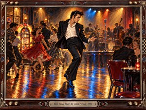 A swaggering young dancer commands a glowing 1950s club, surrounded by spinning couples, a jukebox, and a live band. Warm amber and red light wash across polished wood while cobalt reflections pulse beneath him. Rich oil-paint textures, smoky atmosphere, ornate framing, and restrained blue accents capture youthful rock-and-roll energy.