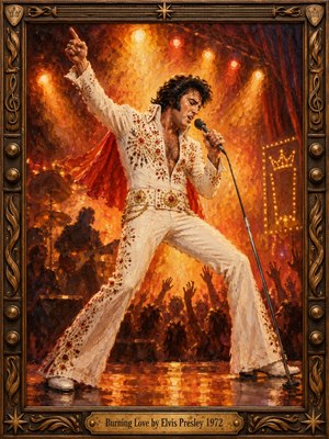 A dynamic oil painting captures Elvis Presley performing in a white jeweled jumpsuit amid blazing amber, orange, and red stage lights. His dramatic pose and microphone command the composition, while cheering silhouettes and a shadowed band intensify the energy. An ornate bronze-and-wood musical frame completes the fiery 1970s concert atmosphere.