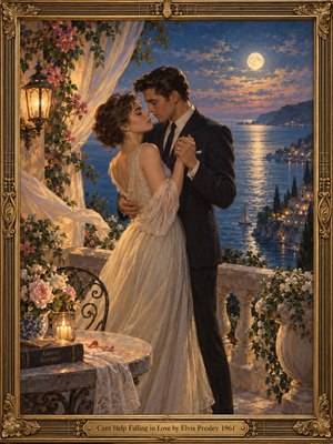 A formally dressed couple embraces on a moonlit Mediterranean terrace overlooking a calm blue sea and glowing cliffside village. Warm lantern light, cascading flowers, billowing curtains, and a luminous full moon create a tender, timeless mood. Rich painterly detail and an ornate gold frame evoke elegant early-1960s romance.