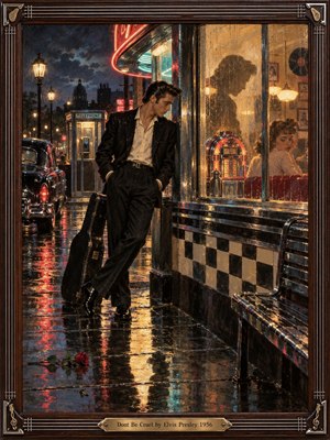 A brooding young man leans beside a rain-streaked diner window on a neon-lit 1950s street, his guitar case nearby and a red rose fallen on the pavement. Warm amber interiors contrast with cool midnight blues, creating romantic tension, loneliness, and restrained longing in a richly detailed cinematic painted style.