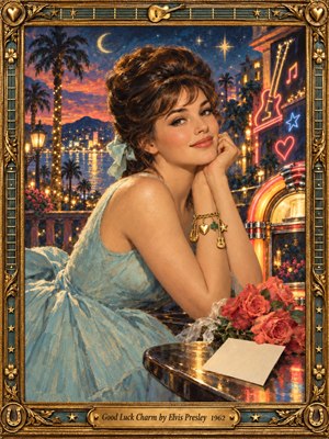 A glamorous young woman in a shimmering blue dress poses beside a glowing jukebox on a romantic 1960s terrace, framed by palms, city lights, stars, roses, and neon symbols. Warm gold and coral lighting create a dreamy, affectionate mood, while the ornate musical frame adds nostalgic elegance and playful charm.