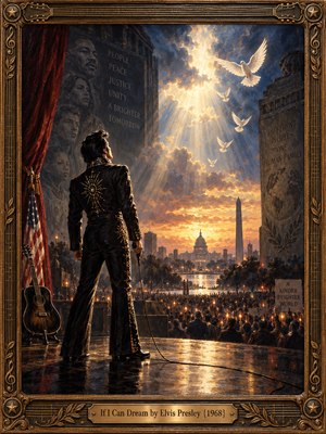 A lone singer stands on a reflective stage before a vast candlelit crowd and Washington skyline, framed by carved bronze and wood. Golden light breaks through stormy blue clouds as white doves rise overhead. Rich oil brushwork, dramatic shadows, crimson accents, and memorial imagery create a solemn yet hopeful vision of unity.