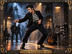 A dynamic rock and roll performer commands a shadowy prison hall, surrounded by inmates, iron bars, and a waiting guitar. Cool blue window light contrasts with warm amber lamps and reflections across the floor. Detailed painterly realism, energetic posture, vintage architecture, and an ornate musical frame evoke rebellious 1950s excitement.