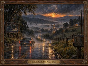 A vintage car travels a rain-soaked Kentucky road through misty hills beneath dark blue-gray storm clouds and a glowing orange sunset. Warm farmhouse lights reflect across wet pavement, creating a lonely, searching mood. Rich oil-paint textures, rustic roadside details, telephone poles, and an ornate carved wooden frame deepen the nostalgic atmosphere.