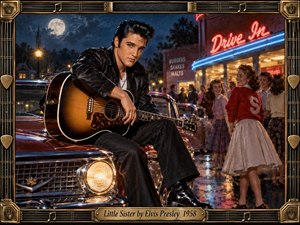 Elvis Presley sits with a guitar on a gleaming vintage car outside a neon-lit 1950s drive-in, surrounded by admiring young women. Moonlight, warm headlights, and colorful reflections illuminate the wet pavement, creating a romantic rock-and-roll atmosphere. An ornate gold and black musical frame completes the richly detailed cinematic composition.
